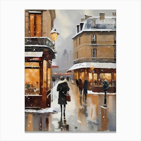 Paris cafes, winter season, Christmas, autumn oil colors, pale colors, pedestrians in the street, winter clothes, falling snow.5 Canvas Print