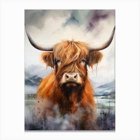 Close Up Watercolour Portrait Of Highland Cow In The Storm Canvas Print