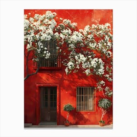 Red House With White Flowers Canvas Print