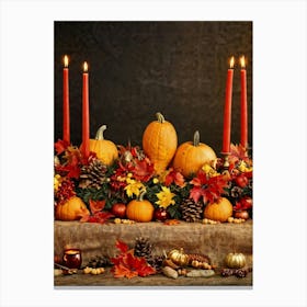 Autumn Harvest Table Centerpiece Overflowing With Gourds And Pumpkins Surrounded By Red And Gold C 2 1 Canvas Print