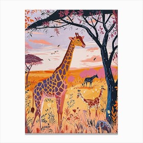 Giraffe In The Wild With Other Animals Watercolour Style 2 Canvas Print