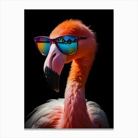 A vibrant, close-up portrait of a flamingo wearing stylish sunglasses, showcasing a colorful gradient of pink and orange feathers. Canvas Print