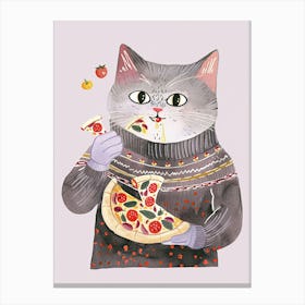 Cute Grey Cat Eating A Pizza Slice Folk Illustration 2 Canvas Print