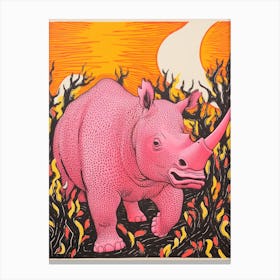 Linocut Inspired Pink Orange & Yellow Rhino  2 Canvas Print