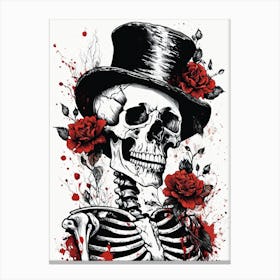 Floral Skeleton With Hat Ink Painting (92) Canvas Print