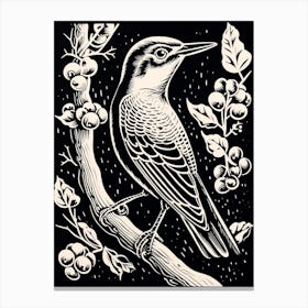 B&W Bird Linocut Woodpecker 3 Canvas Print
