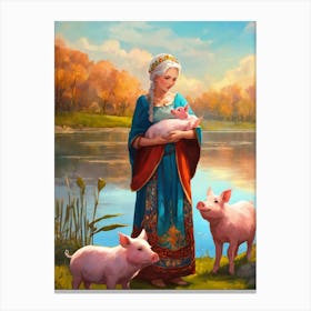 Woman With Pigs Canvas Print