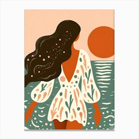 Brunette Woman At The Beach illustration - Into The Water I Go Canvas Print