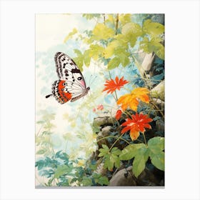 Butterfly In The Rocky Landscape Japanese Style Painting Canvas Print
