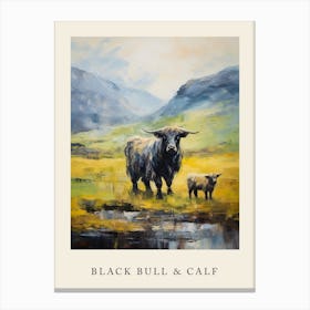 Black Bull & Baby By The Stream In The Highlands Impressionism Style Poster Canvas Print