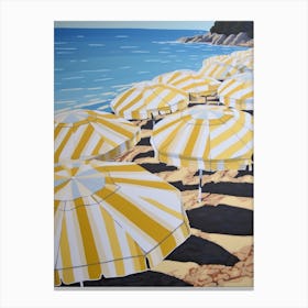 Striped Yellow And White Beach Umbrellas In Italy Canvas Print