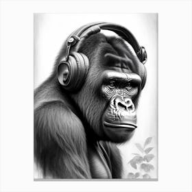 Gorilla With Headphones Gorillas Greyscale Sketch 1 Canvas Print