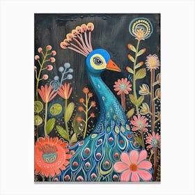Folk Floral Peacock In The Wild 3 Canvas Print