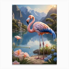 Floral Blue Flamingo Painting (40) Canvas Print