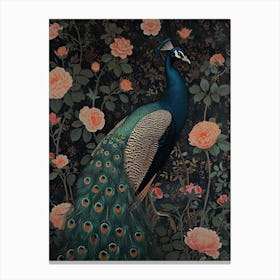 Black & Pink Floral Peacock Canvas Print