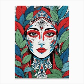 Folk Abstract Face Illustration 3 Art Print (6) Canvas Print