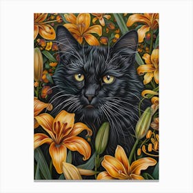 Black Cat With Lilies 2 Canvas Print