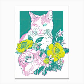 Cute Kitty Cat With Flowers Illustration 3 Canvas Print