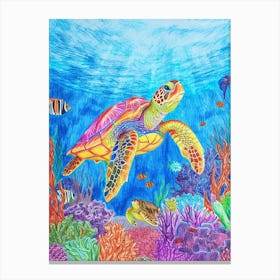 Colourful Sea Turtle Exploring Deep Into The Ocean Crayon Doodle 2 Canvas Print