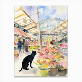 Food Market With Cats In Vienna 5 Watercolour Canvas Print