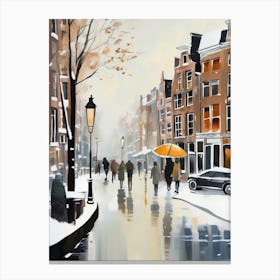 Amsterdam cafes, winter season, Christmas, autumn oil colors, pale colors, pedestrians in the street, winter clothes, falling snow.3 Canvas Print