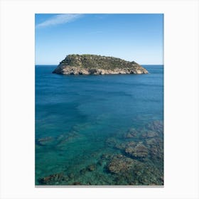 Island and clear sea water in a rocky bay Canvas Print