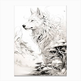 Japanese Wolf Line Drawing 2 Canvas Print