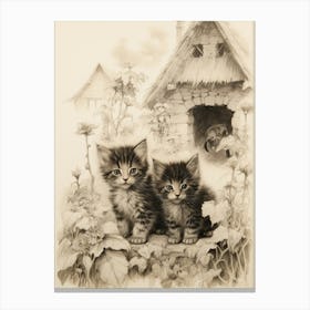 Sepia Drawing Of Kittens With A Medieval Village 1 Canvas Print
