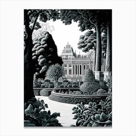 Gardens Of The Palace Of Versailles, 1, France Linocut Black And White Vintage Canvas Print