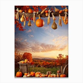 A Photograph Showcasing A Thanksgiving Festival Scene Set In A Rustic Fall Evening Wooden Decoratio (1) 1 Canvas Print