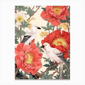 Peony And Birds Vintage Japanese Botanical Canvas Print