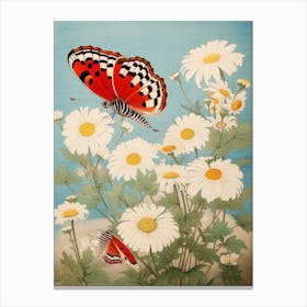 Butterflies In The Daisies Japanese Style Painting 2 Canvas Print