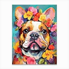 Bulldog Portrait With A Flower Crown, Matisse Painting Style 2 Canvas Print