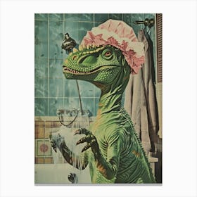 Dinosaur In The Shower With A Shower Cap Retro Collage 1 Canvas Print