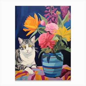 Delphinium Flower Vase And A Cat, A Painting In The Style Of Matisse 0 Canvas Print