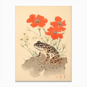 Frog And Flowers, Matsumoto Hoji Inspired Japanese Woodblock 3 Canvas Print