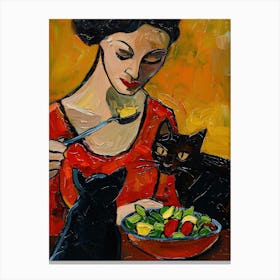Portrait Of A Woman With Cats Eating A Salad  2 Canvas Print