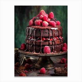 Chocolate Cake With Raspberries And Chocolate Drizzle sweet food Canvas Print