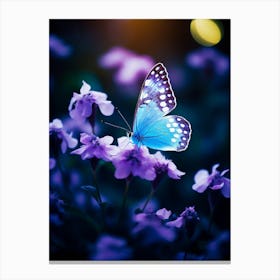 Blue Butterfly On Purple Flowers 1 Canvas Print