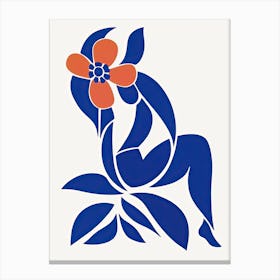 Blue Drawing Of A Woman With Red Flower Abstract Style Canvas Print