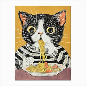 Black And White Cat Eating Pizza Folk Illustration 1 Canvas Print