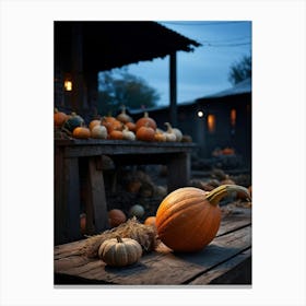 A Gourd Carefully Resting On A Weathered Wooden Table Settingfootprint In The Cement Market Under (4) Canvas Print