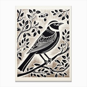 B&W Bird Linocut Cedar Waxwing 4 Canvas Print