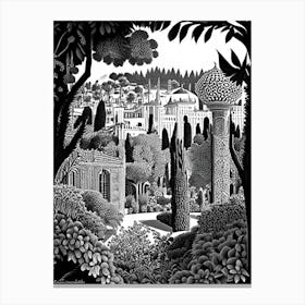 Gardens Of Alhambra, 1, Spain Linocut Black And White Vintage Canvas Print