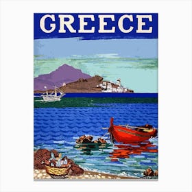 Greece, Lonely Boat On The Coast Canvas Print
