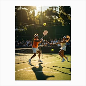 Tennis Match Captured In Natural Light Dynamic Action Shot Players Poised Mid Strike Sun Casting (5) Canvas Print