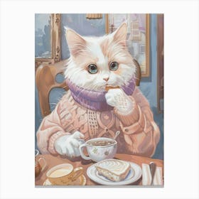 White And Tan Cat Having Breakfast Folk Illustration 4 Canvas Print