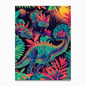 Abstract Neon Dinosaurs In Jurassic Landscape 2 Canvas Print