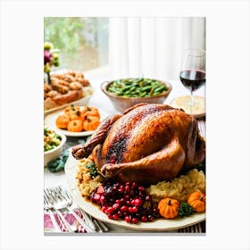 An Inviting Traditional Thanksgiving Feast Is Spread Out Highlighting A Tenderly Roasted Turkey Wit Canvas Print