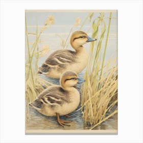 Japanese Woodblock Style Duckling Family 3 Canvas Print